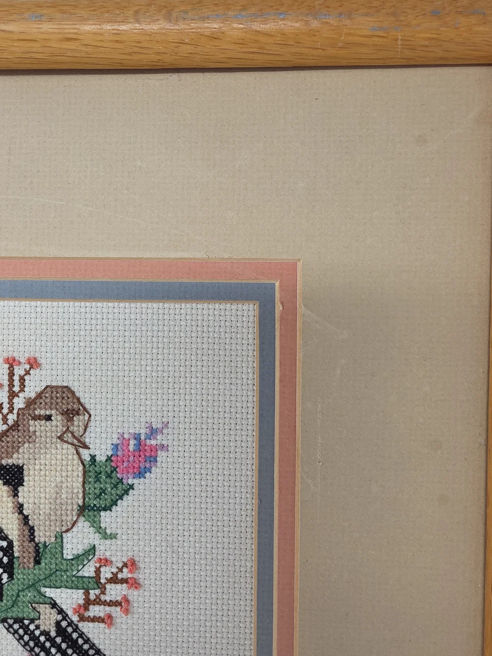 Framed Four-Panel Bird Cross-Stitch Wall Art in Blue, Pink & Green